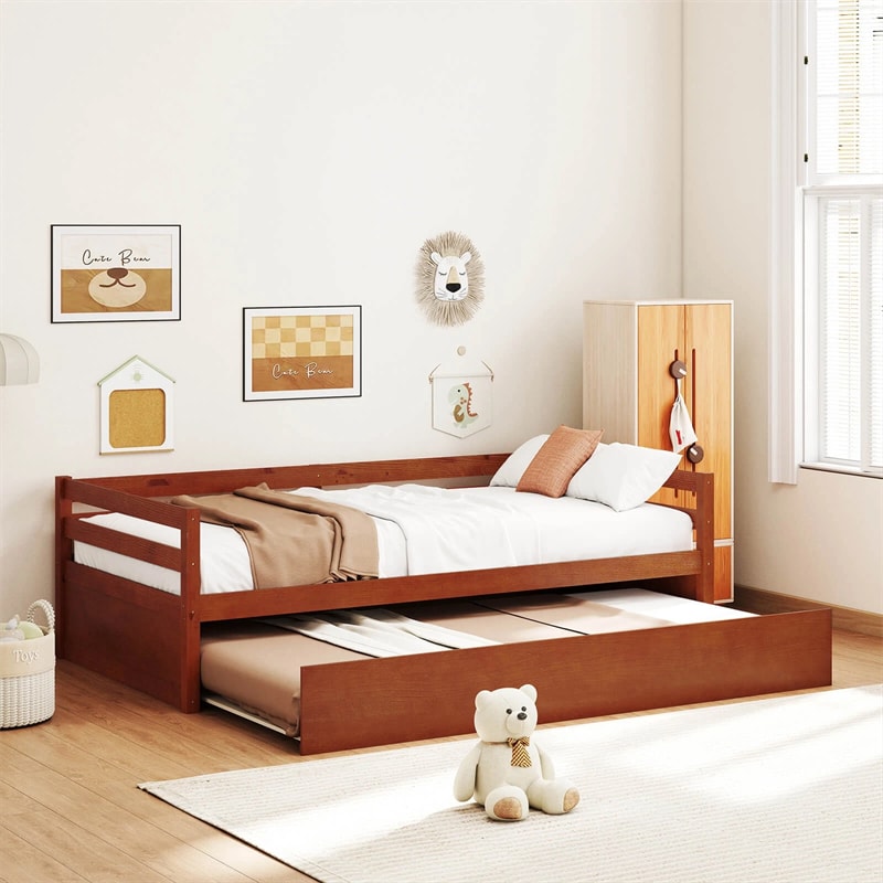 Twin Daybed with Trundle, Wooden Trundle Platform Bed Frame with Wood Slat Support for Guest, Kids & Living Rooms, No Box Spring Needed