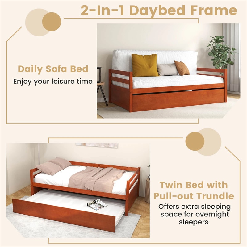 Twin Daybed with Trundle, Wooden Trundle Platform Bed Frame with Wood Slat Support for Guest, Kids & Living Rooms, No Box Spring Needed