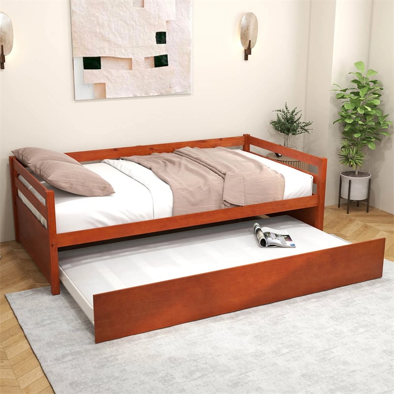 Twin Daybed with Trundle, Wooden Trundle Platform Bed Frame with Wood Slat Support for Guest, Kids & Living Rooms, No Box Spring Needed