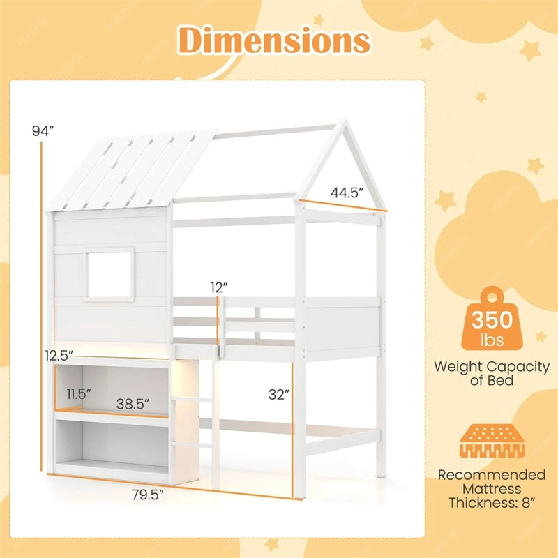 Twin Loft Bed with LED Lights, Wooden House Bed with Roof, Window, Storage Bookshelf, Ladder, Safety Guardrails & Under-Bed Play Space for Kids