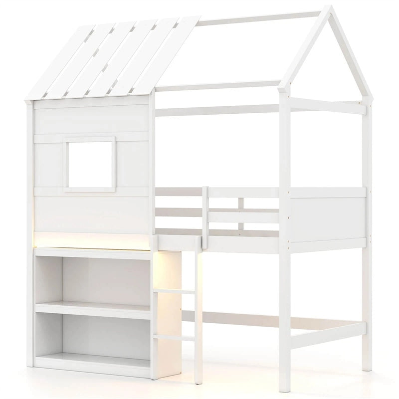 Twin Loft Bed with LED Lights, Wooden House Bed with Roof, Window, Storage Bookshelf, Ladder, Safety Guardrails & Under-Bed Play Space for Kids