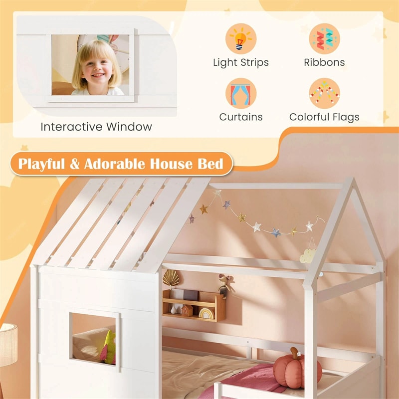 Twin Loft Bed with LED Lights, Wooden House Bed with Roof, Window, Storage Bookshelf, Ladder, Safety Guardrails & Under-Bed Play Space for Kids
