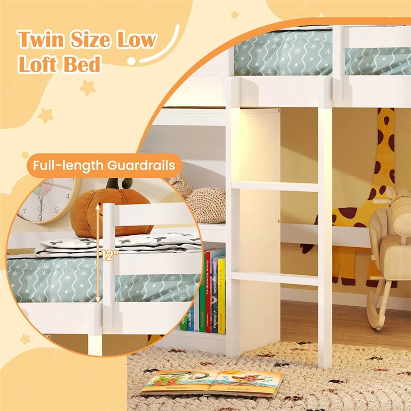 Twin Loft Bed with LED Lights, Wooden House Bed with Roof, Window, Storage Bookshelf, Ladder, Safety Guardrails & Under-Bed Play Space for Kids
