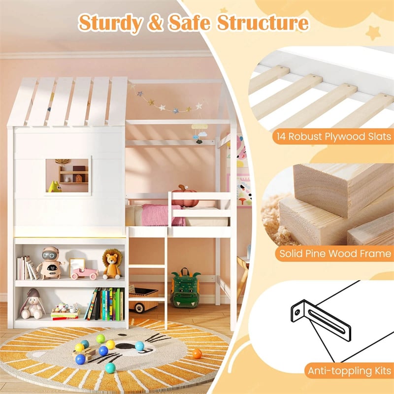 Twin Loft Bed with LED Lights, Wooden House Bed with Roof, Window, Storage Bookshelf, Ladder, Safety Guardrails & Under-Bed Play Space for Kids