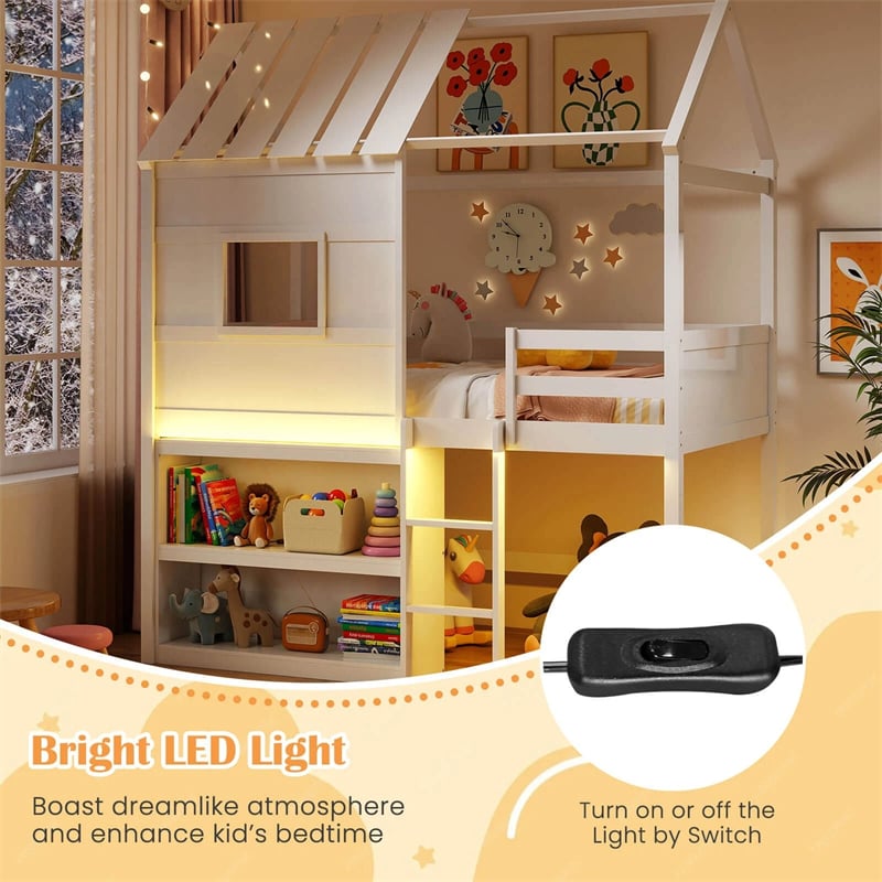 Twin Loft Bed with LED Lights, Wooden House Bed with Roof, Window, Storage Bookshelf, Ladder, Safety Guardrails & Under-Bed Play Space for Kids