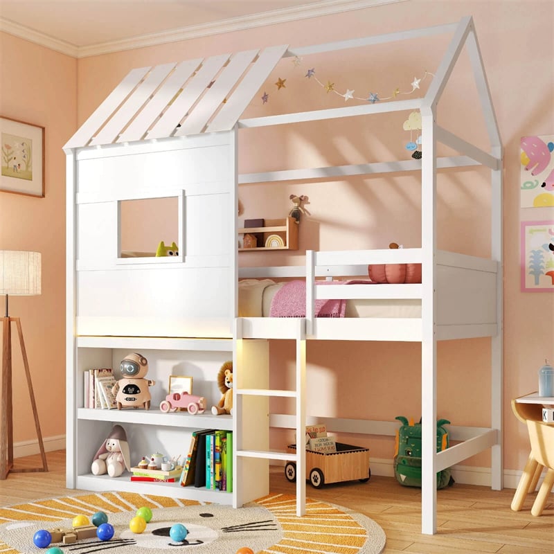 Twin Loft Bed with LED Lights, Wooden House Bed with Roof, Window, Storage Bookshelf, Ladder, Safety Guardrails & Under-Bed Play Space for Kids