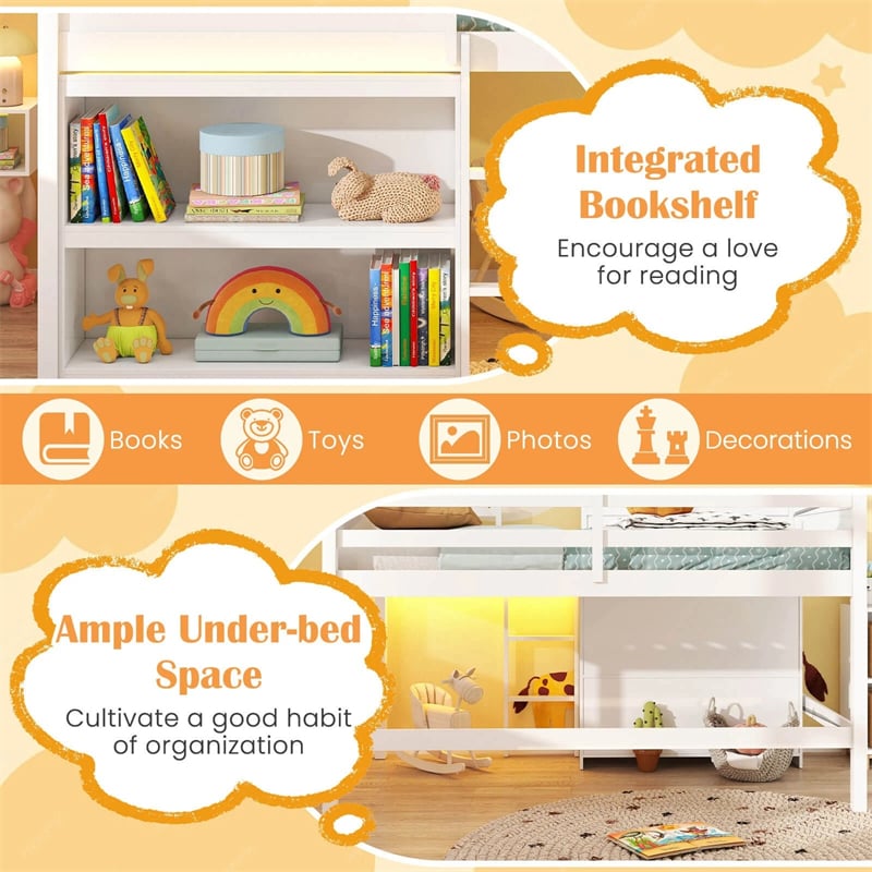 Twin Loft Bed with LED Lights, Wooden House Bed with Roof, Window, Storage Bookshelf, Ladder, Safety Guardrails & Under-Bed Play Space for Kids