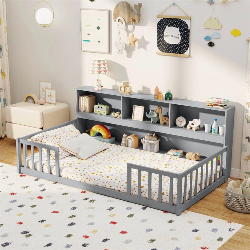 Twin Montessori Floor Bed, Wood Floor Bed Frame with Bookcase, Storage Shelves & Safety Fence Rails for Kids, No Box Spring Needed