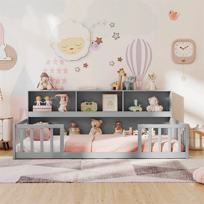 Twin Montessori Floor Bed, Wood Floor Bed Frame with Bookcase, Storage Shelves & Safety Fence Rails for Kids, No Box Spring Needed