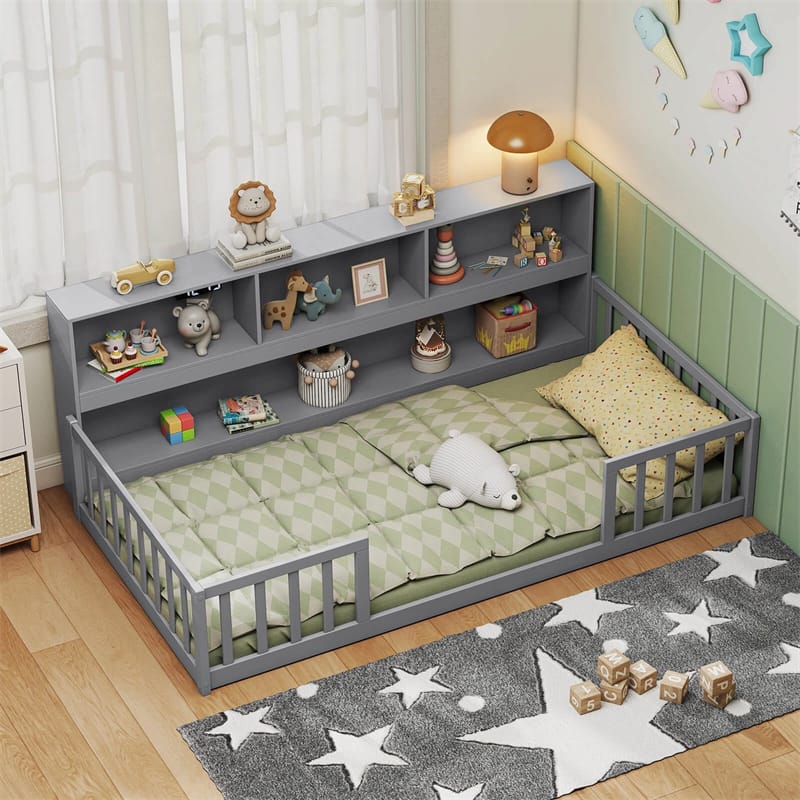 Twin Montessori Floor Bed, Wood Floor Bed Frame with Bookcase, Storage Shelves & Safety Fence Rails for Kids, No Box Spring Needed