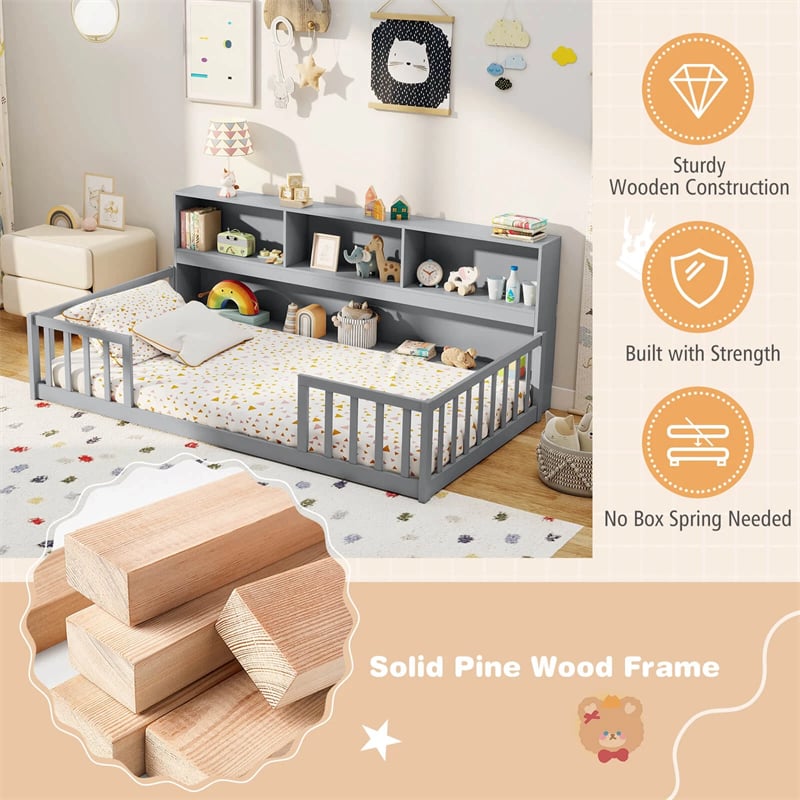 Twin Montessori Floor Bed, Wood Floor Bed Frame with Bookcase, Storage Shelves & Safety Fence Rails for Kids, No Box Spring Needed