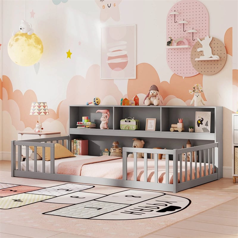 Twin Montessori Floor Bed, Wood Floor Bed Frame with Bookcase, Storage Shelves & Safety Fence Rails for Kids, No Box Spring Needed