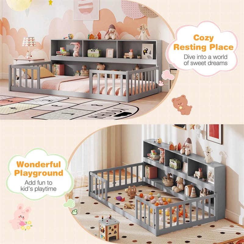 Twin Montessori Floor Bed, Wood Floor Bed Frame with Bookcase, Storage Shelves & Safety Fence Rails for Kids, No Box Spring Needed