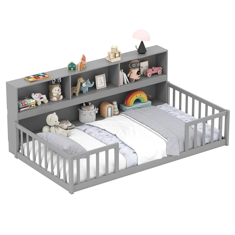Twin Montessori Floor Bed, Wood Floor Bed Frame with Bookcase, Storage Shelves & Safety Fence Rails for Kids, No Box Spring Needed