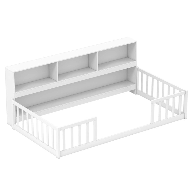 Twin Montessori Floor Bed, Wood Floor Bed Frame with Bookcase, Storage Shelves & Safety Fence Rails for Kids, No Box Spring Needed