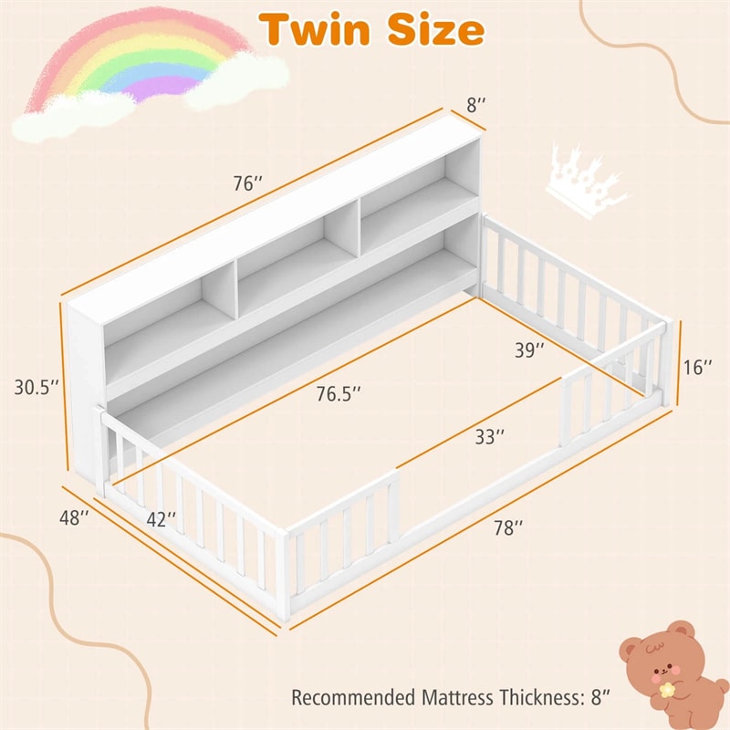 Twin Montessori Floor Bed, Wood Floor Bed Frame with Bookcase, Storage Shelves & Safety Fence Rails for Kids, No Box Spring Needed