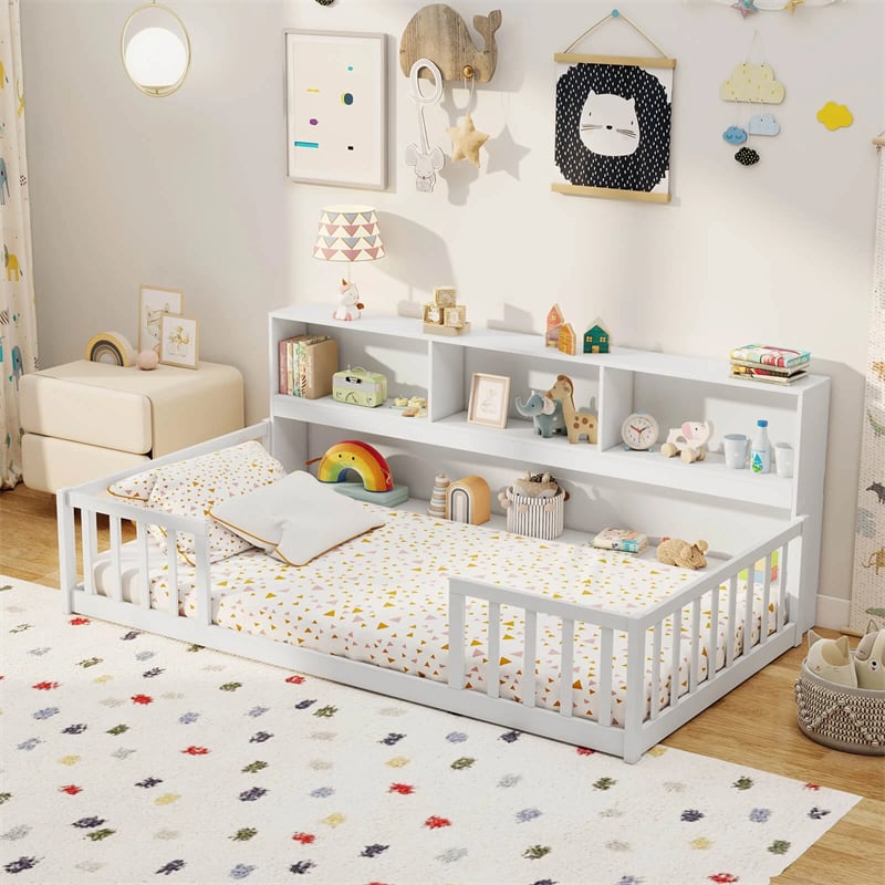 Twin Montessori Floor Bed, Wood Floor Bed Frame with Bookcase, Storage Shelves & Safety Fence Rails for Kids, No Box Spring Needed