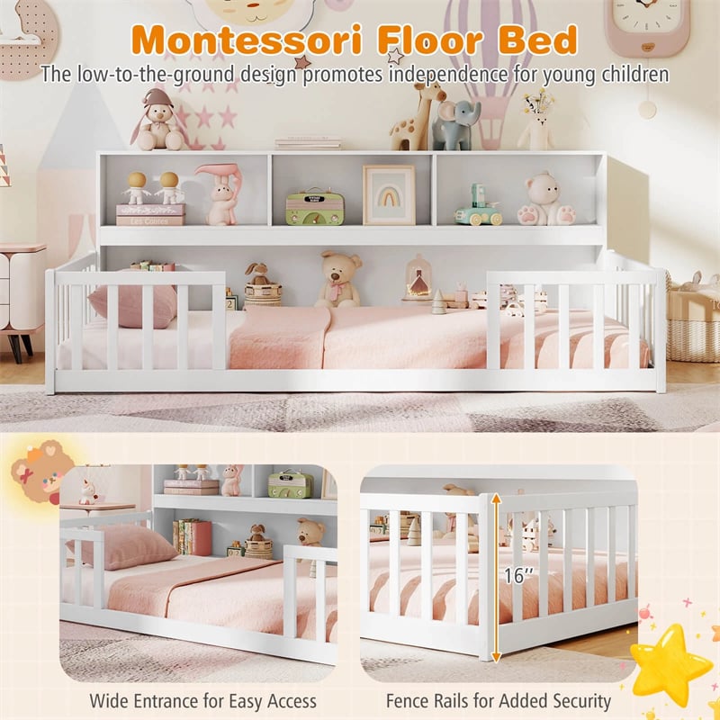 Twin Montessori Floor Bed, Wood Floor Bed Frame with Bookcase, Storage Shelves & Safety Fence Rails for Kids, No Box Spring Needed