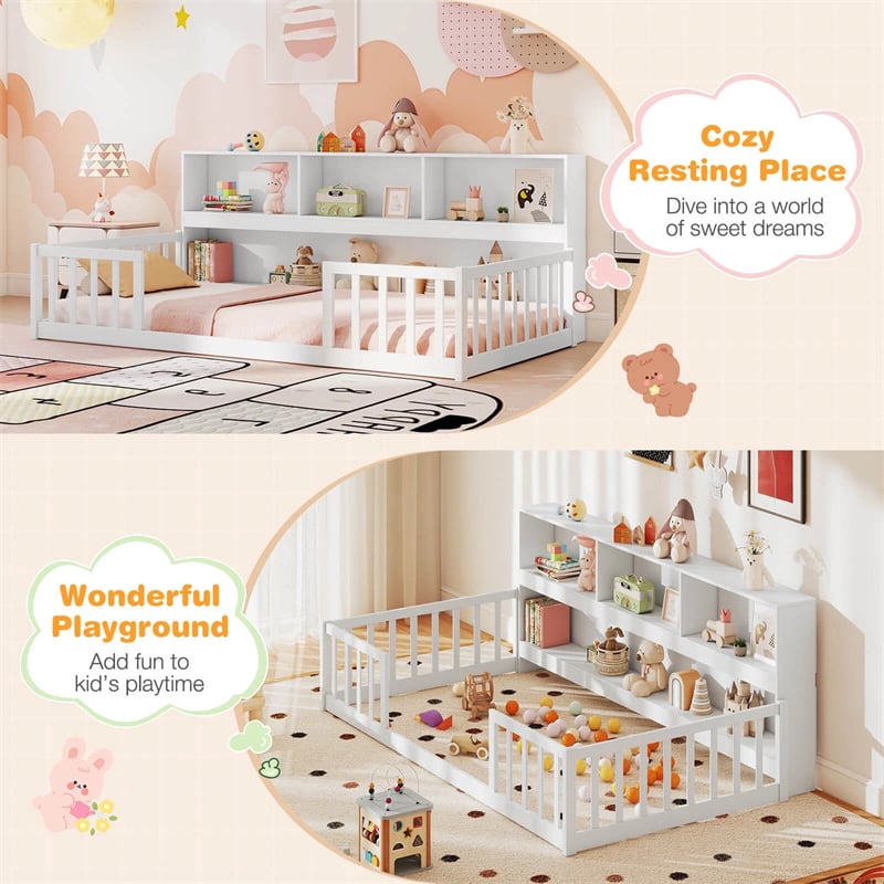 Twin Montessori Floor Bed, Wood Floor Bed Frame with Bookcase, Storage Shelves & Safety Fence Rails for Kids, No Box Spring Needed