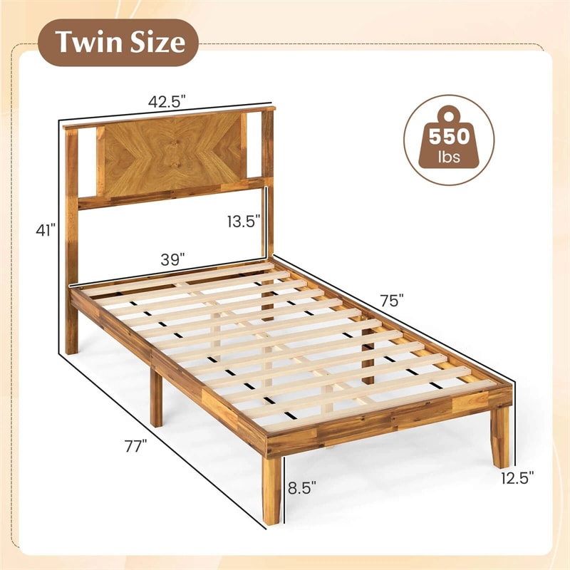 Twin/Full/Queen Size Acacia Wood Platform Bed Frame with Headboard, Mid-Century Modern Bed Frame w/Wooden Slats Support & Under-Bed Space
