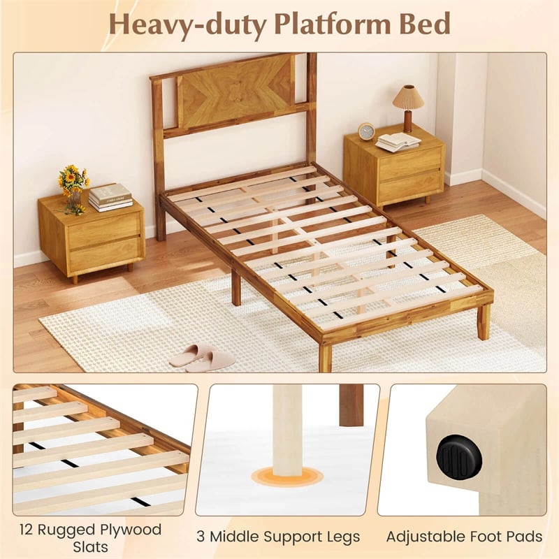 Twin/Full/Queen Size Acacia Wood Platform Bed Frame with Headboard, Mid-Century Modern Bed Frame w/Wooden Slats Support & Under-Bed Space