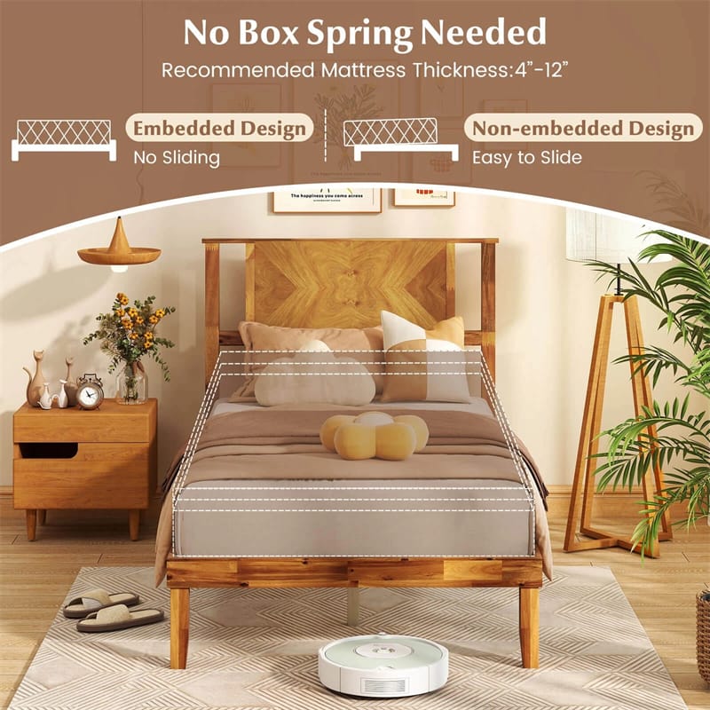 Twin/Full/Queen Size Acacia Wood Platform Bed Frame with Headboard, Mid-Century Modern Bed Frame w/Wooden Slats Support & Under-Bed Space