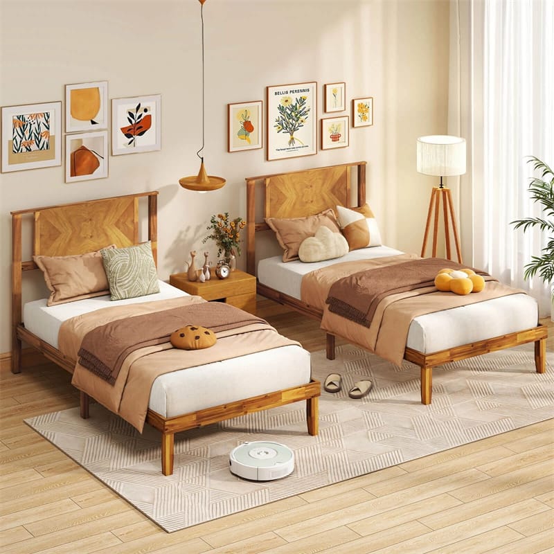 Twin/Full/Queen Size Acacia Wood Platform Bed Frame with Headboard, Mid-Century Modern Bed Frame w/Wooden Slats Support & Under-Bed Space