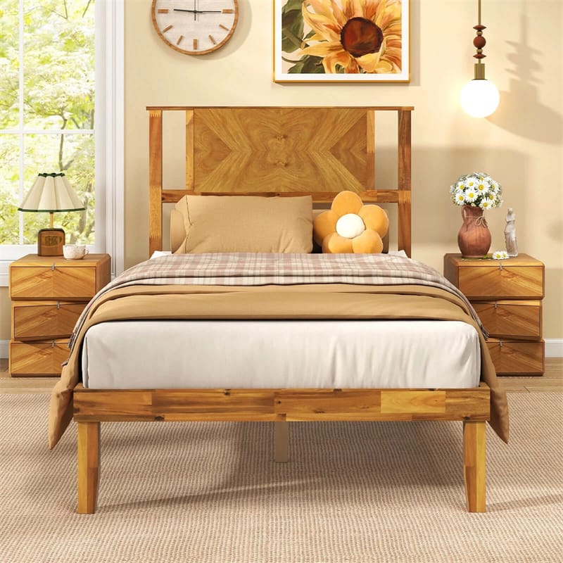 Twin/Full/Queen Size Acacia Wood Platform Bed Frame with Headboard, Mid-Century Modern Bed Frame w/Wooden Slats Support & Under-Bed Space
