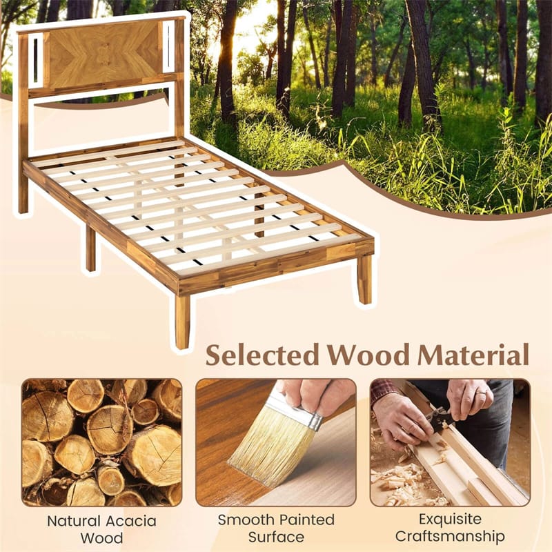 Twin/Full/Queen Size Acacia Wood Platform Bed Frame with Headboard, Mid-Century Modern Bed Frame w/Wooden Slats Support & Under-Bed Space