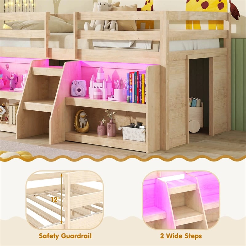 Low Loft Bed with LED Lights & Storage Bookcase, Kids Twin Size Loft Bed with Stairs, Safety Guardrail & Under-Bed Play Space