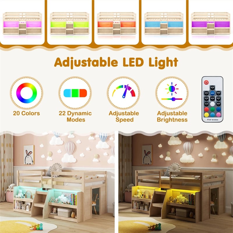 Low Loft Bed with LED Lights & Storage Bookcase, Kids Twin Size Loft Bed with Stairs, Safety Guardrail & Under-Bed Play Space