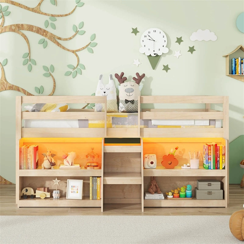 Low Loft Bed with LED Lights & Storage Bookcase, Kids Twin Size Loft Bed with Stairs, Safety Guardrail & Under-Bed Play Space