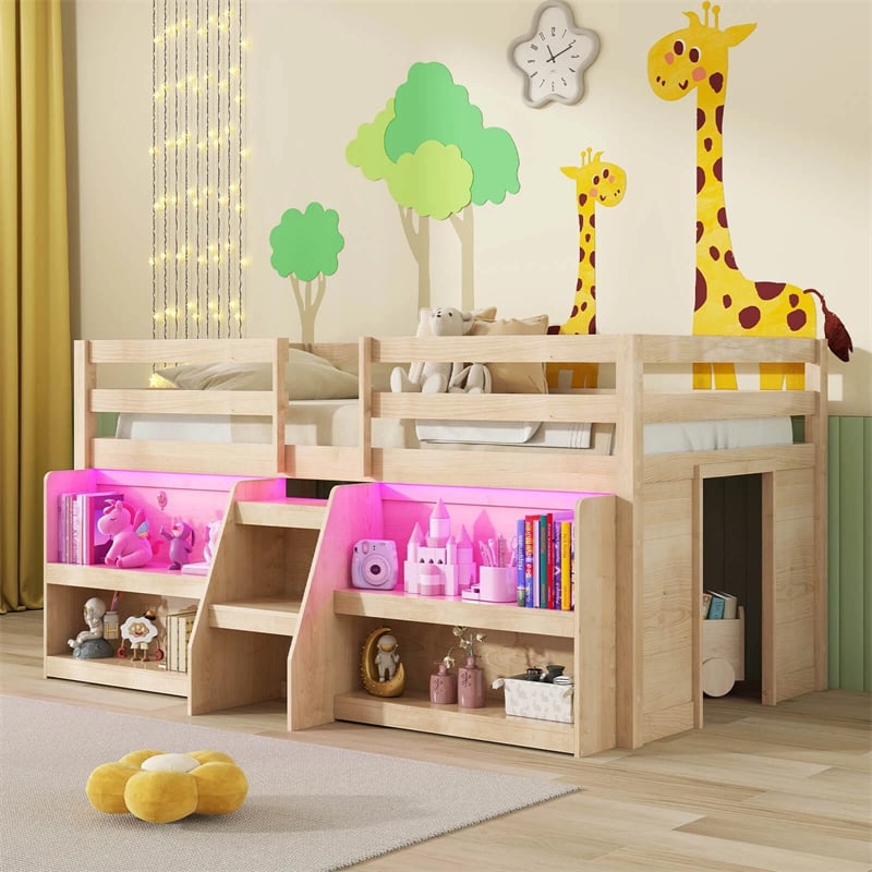 Low Loft Bed with LED Lights & Storage Bookcase, Kids Twin Size Loft Bed with Stairs, Safety Guardrail & Under-Bed Play Space