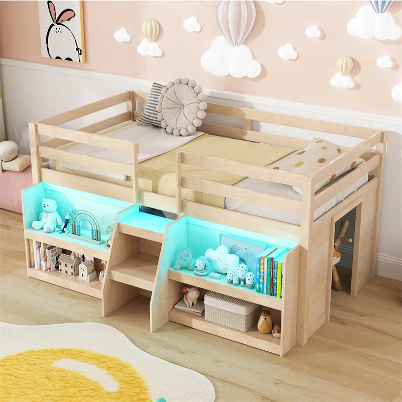 Low Loft Bed with LED Lights & Storage Bookcase, Kids Twin Size Loft Bed with Stairs, Safety Guardrail & Under-Bed Play Space