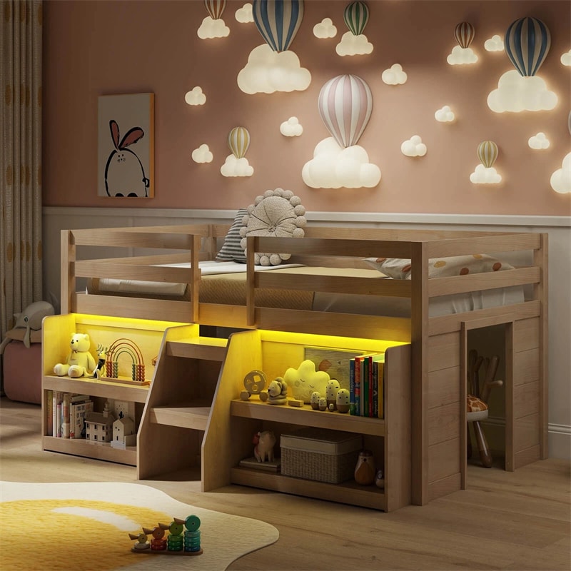 Low Loft Bed with LED Lights & Storage Bookcase, Kids Twin Size Loft Bed with Stairs, Safety Guardrail & Under-Bed Play Space