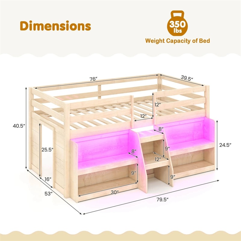 Low Loft Bed with LED Lights & Storage Bookcase, Kids Twin Size Loft Bed with Stairs, Safety Guardrail & Under-Bed Play Space