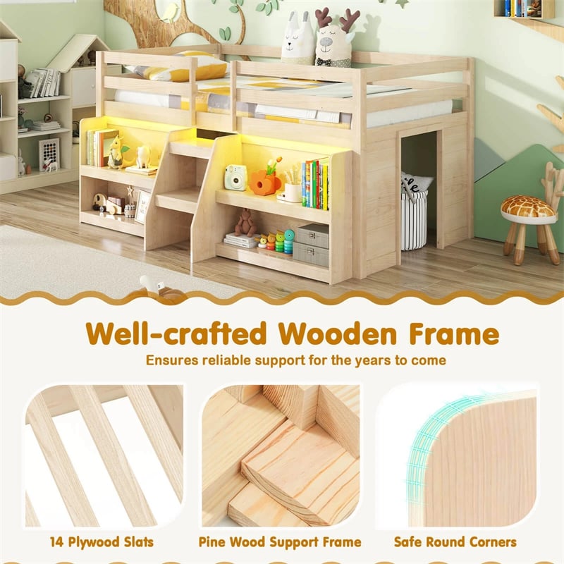 Low Loft Bed with LED Lights & Storage Bookcase, Kids Twin Size Loft Bed with Stairs, Safety Guardrail & Under-Bed Play Space