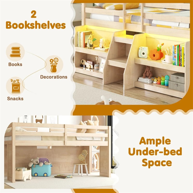 Low Loft Bed with LED Lights & Storage Bookcase, Kids Twin Size Loft Bed with Stairs, Safety Guardrail & Under-Bed Play Space