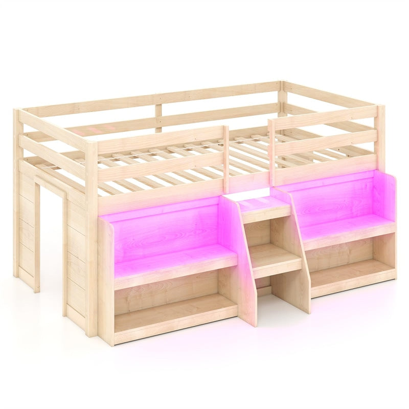 Low Loft Bed with LED Lights & Storage Bookcase, Kids Twin Size Loft Bed with Stairs, Safety Guardrail & Under-Bed Play Space