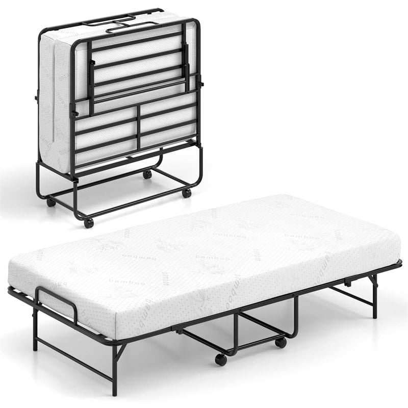Twin Size Rollaway Guest Bed, 75"x38" Portable Folding Bed with Memory Foam Mattress & Heavy-Duty Metal Frame for Apartment, Small Spaces