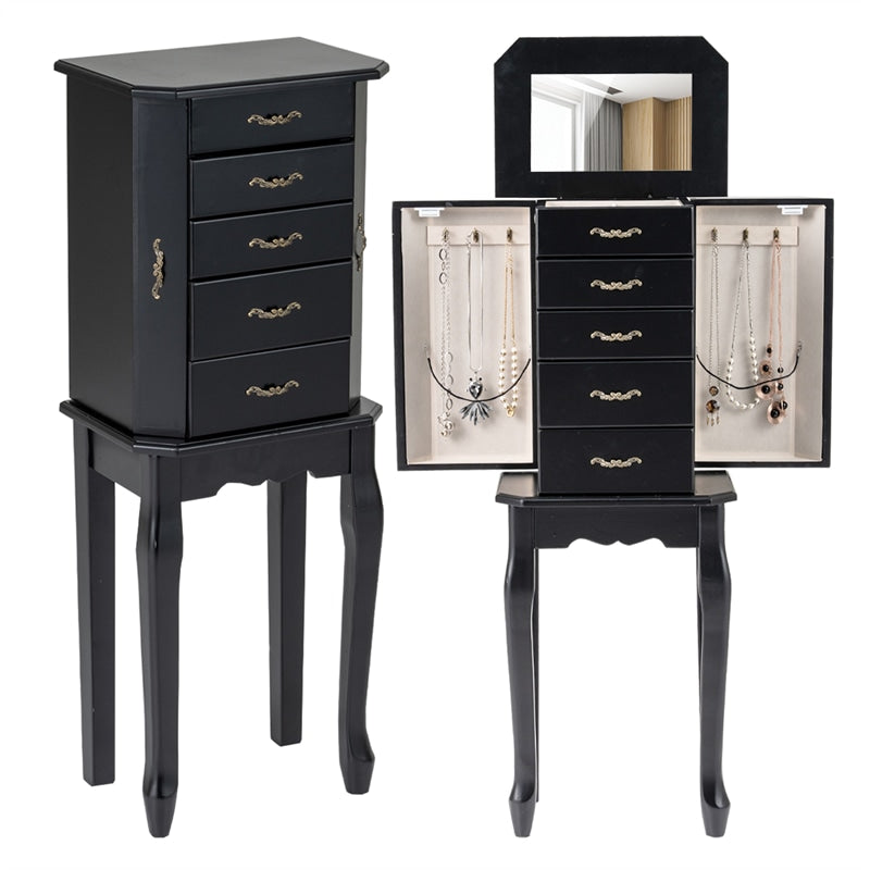 Standing Jewelry Armoire Cabinet with Flip Top Mirror, 4 Drawers, 2 Side Doors & Necklace Hooks, Vintage Wood Jewelry Storage Organizer Chest