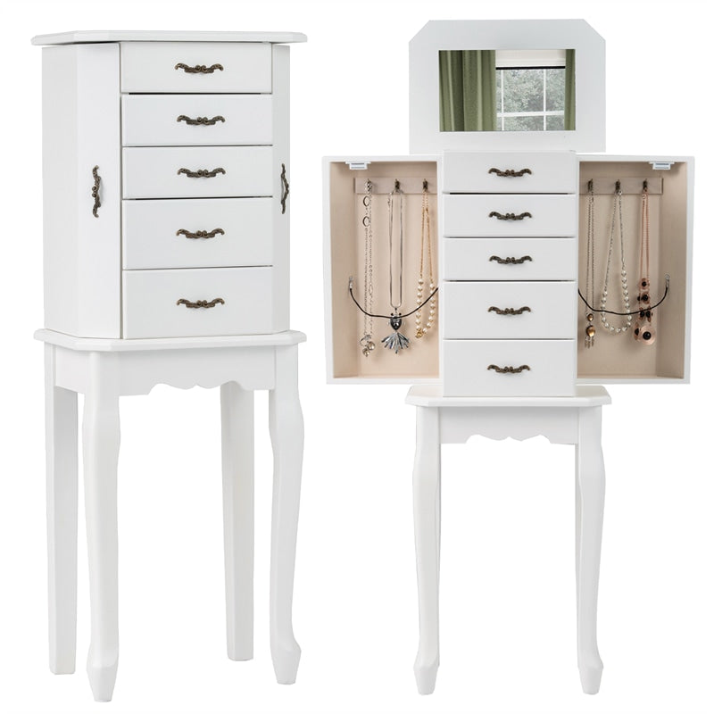 Standing Jewelry Armoire Cabinet with Flip Top Mirror, 4 Drawers, 2 Side Doors & Necklace Hooks, Vintage Wood Jewelry Storage Organizer Chest