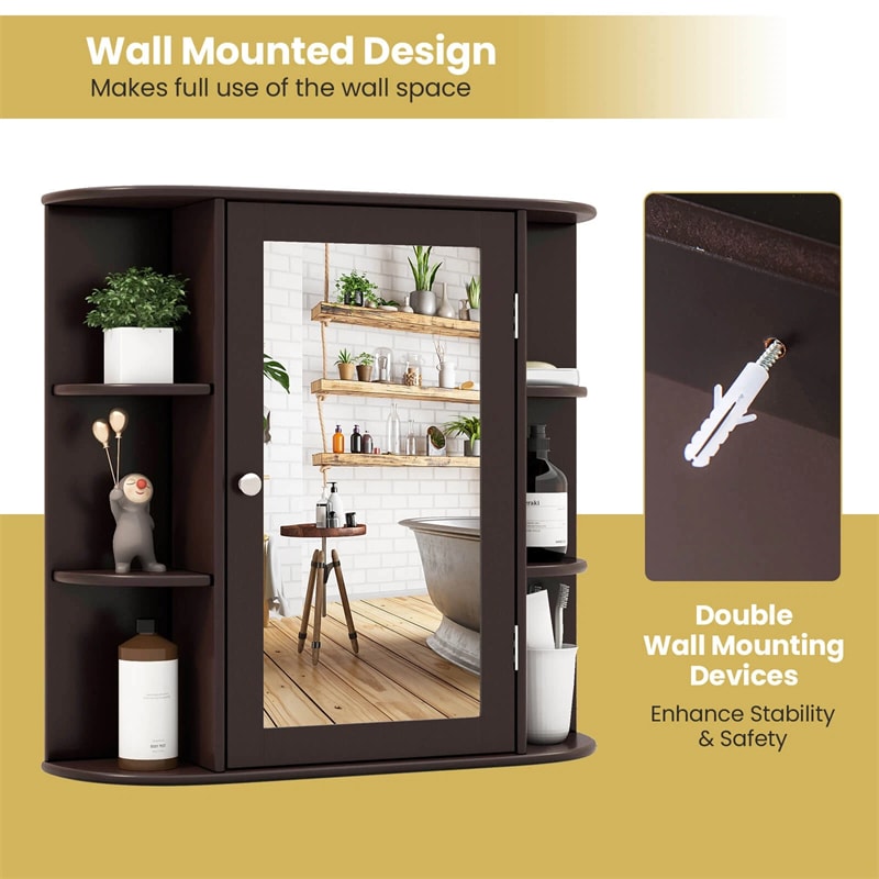 Mirrored Bathroom Storage Cabinet Wall Mounted Hanging Medicine Cabinet Over Toilet with Single Door, 3 Adjustable Shelves