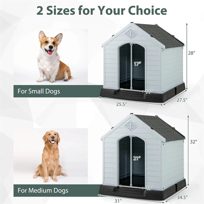 Waterproof Plastic Dog House with Elevated Floor & Air Vents for Small & Medium Dogs, Indoor Outdoor Dog Kennel Cat House Feeding Station