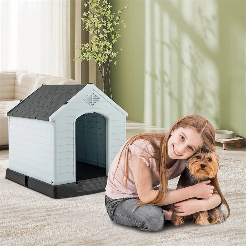 Waterproof Plastic Dog House with Elevated Floor & Air Vents for Small & Medium Dogs, Indoor Outdoor Dog Kennel Cat House Feeding Station