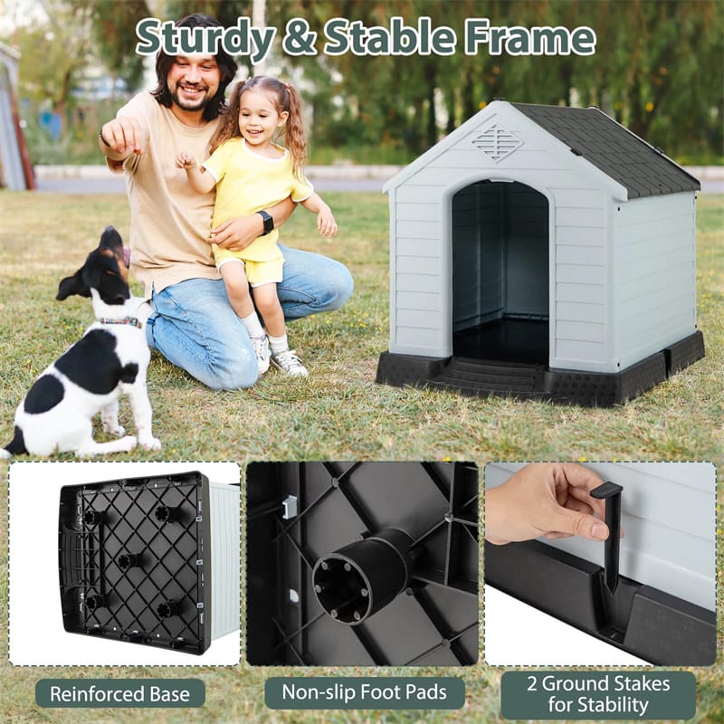 Waterproof Plastic Dog House with Elevated Floor & Air Vents for Small & Medium Dogs, Indoor Outdoor Dog Kennel Cat House Feeding Station