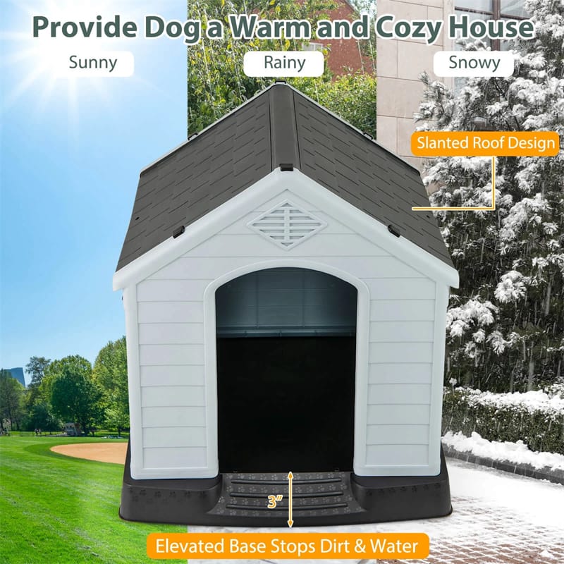 Waterproof Plastic Dog House with Elevated Floor & Air Vents for Small & Medium Dogs, Indoor Outdoor Dog Kennel Cat House Feeding Station