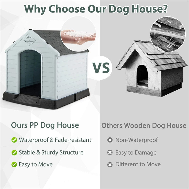 Waterproof Plastic Dog House with Elevated Floor & Air Vents for Small & Medium Dogs, Indoor Outdoor Dog Kennel Cat House Feeding Station