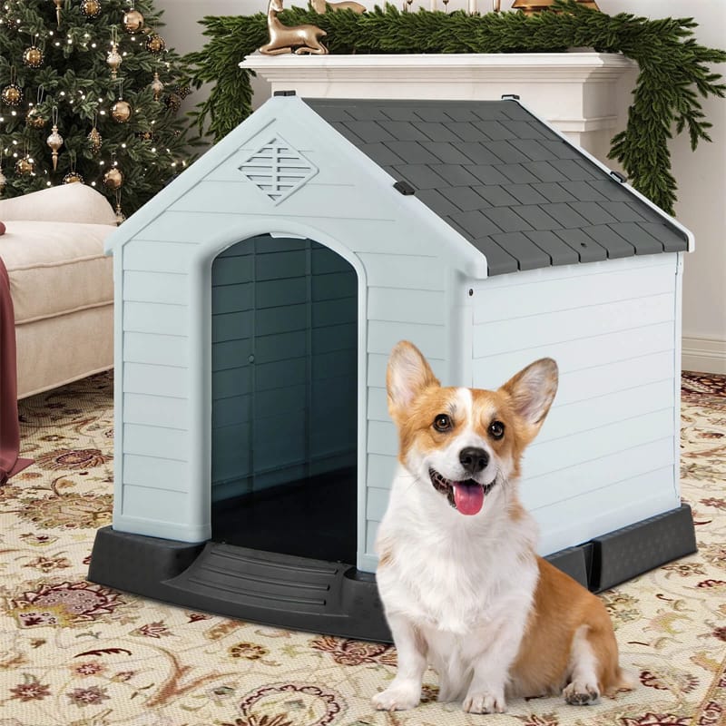 Waterproof Plastic Dog House with Elevated Floor & Air Vents for Small & Medium Dogs, Indoor Outdoor Dog Kennel Cat House Feeding Station