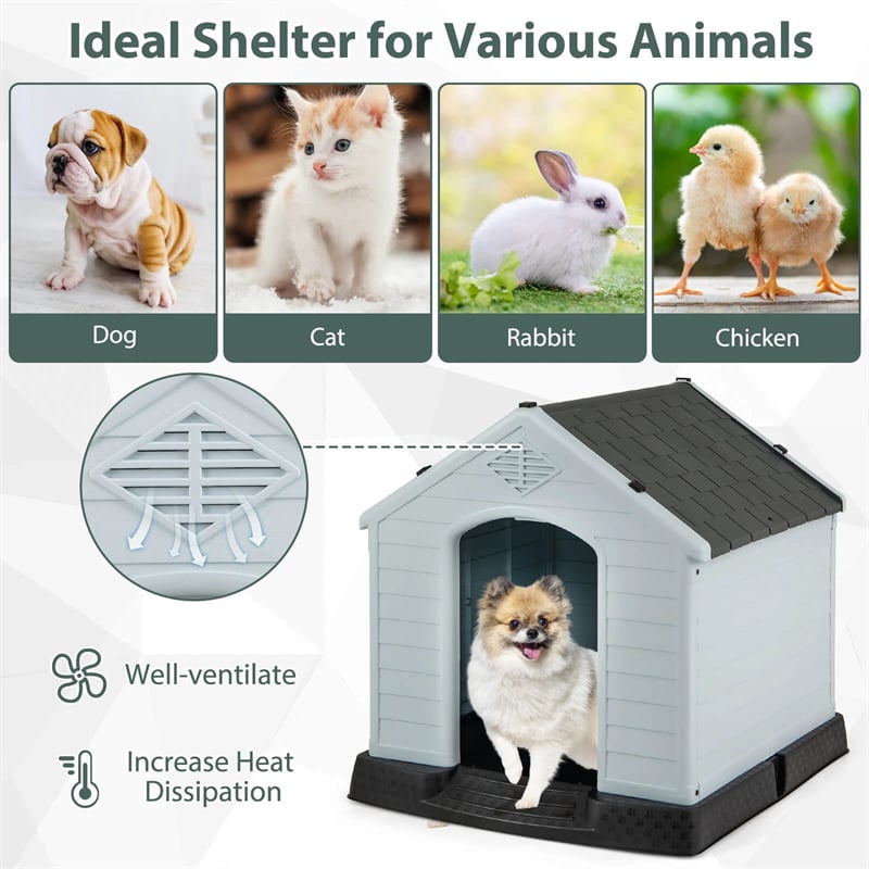 Waterproof Plastic Dog House with Elevated Floor & Air Vents for Small & Medium Dogs, Indoor Outdoor Dog Kennel Cat House Feeding Station